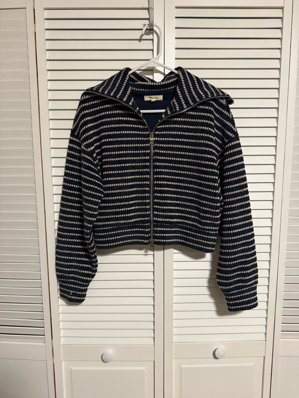 Madewell Navy and Ivory Knit Zip-Up Sweater Jacket